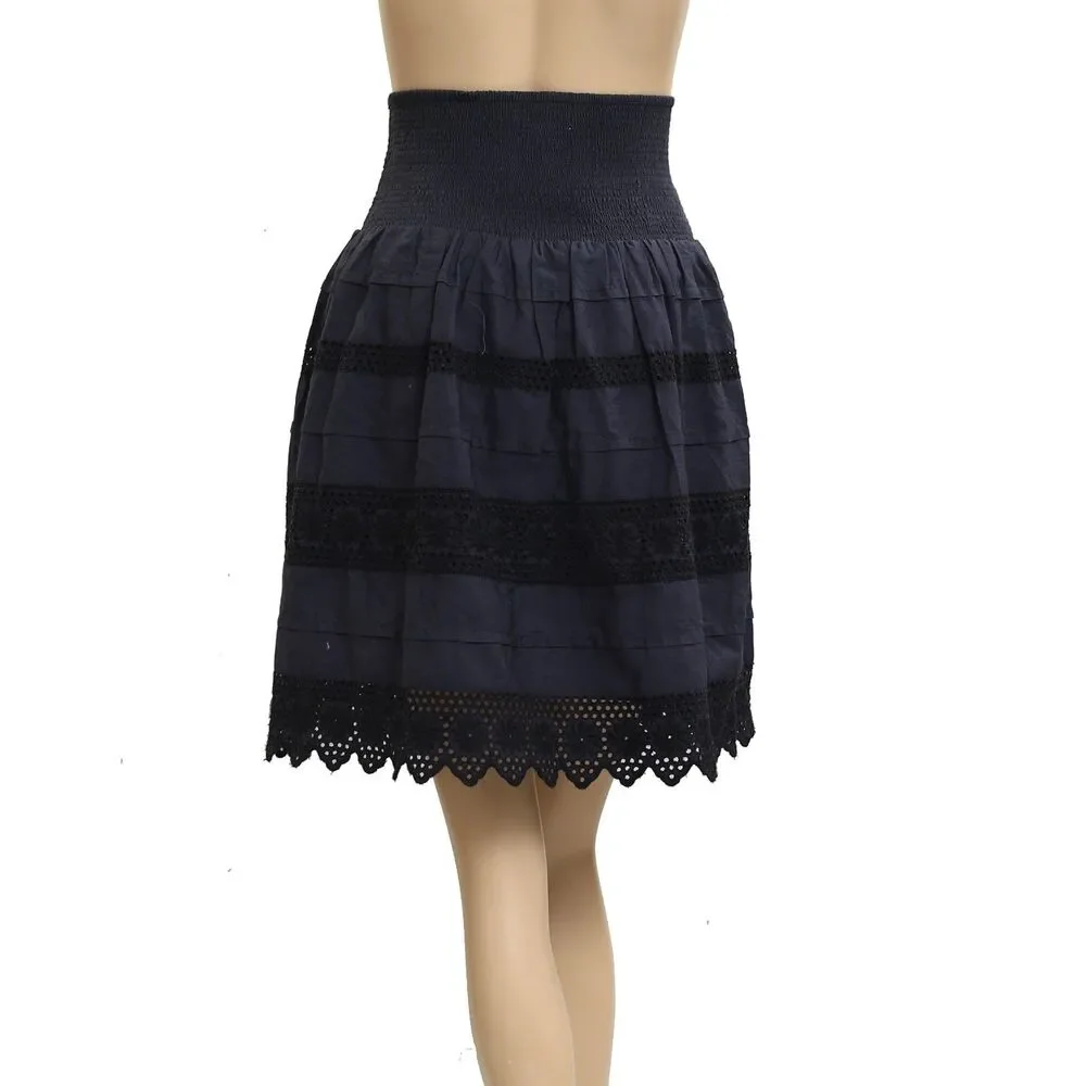 By Anthropologie Anisa Eyelet Mini Skirt Smocked Black Embroidered S NWT 283541